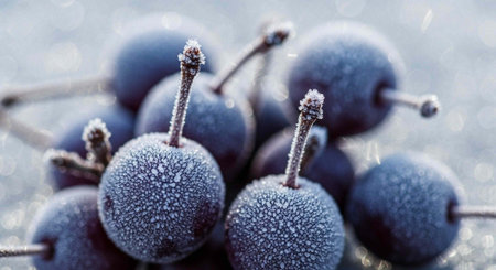 A close-up view of frosty blueberries with stems on a blurred icy surface