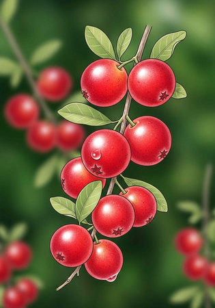A vibrant cluster of red berries hanging from a lush green branch with leaves