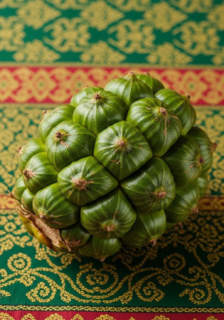 A vibrant green artichoke sits on a colorful, ornate fabric with intricate gold designs and...