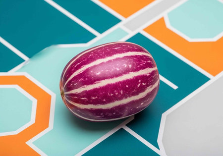 A vibrant purple egg with white stripes sits on a colorful geometric patterned surfaceの写真素材