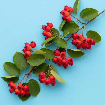 A vibrant branch of red berries and green leaves against a light blue background