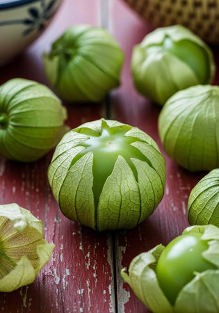 A vibrant display of green tomatillos on a rustic red wooden table with a bowl and basket nearby