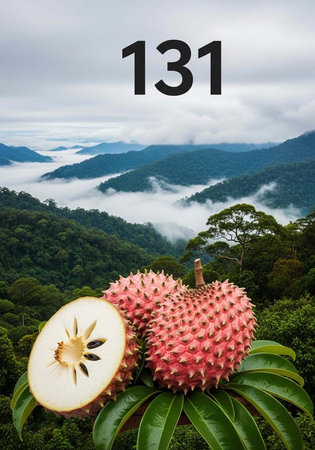 A serene mountain landscape with a close-up of fresh rambutan fruits in the foreground.