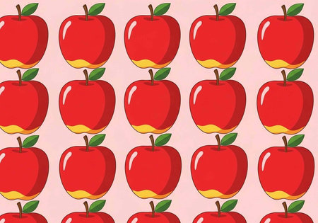 A vibrant pattern of red apples on a soft pink background