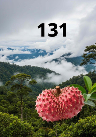 A vibrant pink flower blooms in a lush green forest with a mountainous landscape in the background.