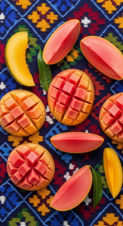 A vibrant display of sliced mangoes on a colorful patterned fabric background
