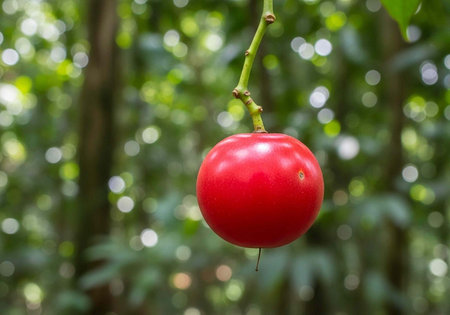 A vibrant red fruit hangs from a tree branch in a lush green forest with natural light