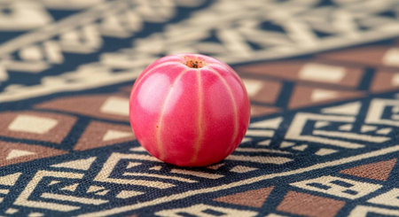 A pink object sits on a colorful patterned fabric with geometric designs