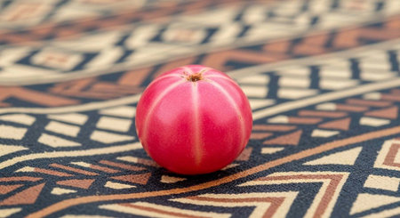 A vibrant pink melon sits on a colorful geometric patterned rug in a cozy indoor setting.