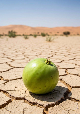 A green apple sits alone on dry, cracked earth in a desert landscape with clear blue sky.