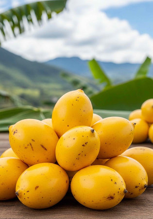 A vibrant pile of yellow loquats sits on a wooden surface with a scenic mountain landscape in the...