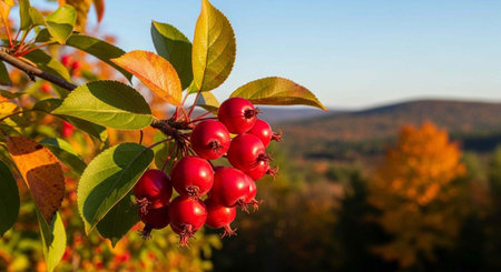 A cluster of vibrant red berries hanging from a tree branch with green leaves against a blurred...