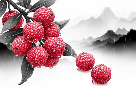 A vibrant cluster of red raspberries with water droplets on a leafy branch against a serene...