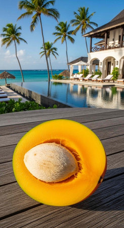 A halved mango sits on a wooden deck overlooking a luxurious tropical resort with a pool and ocean...