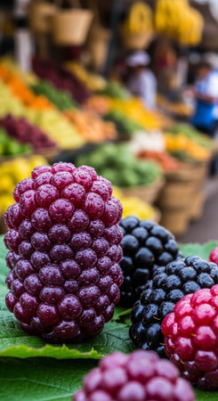 A vibrant display of fresh berries at a bustling outdoor market with colorful produce