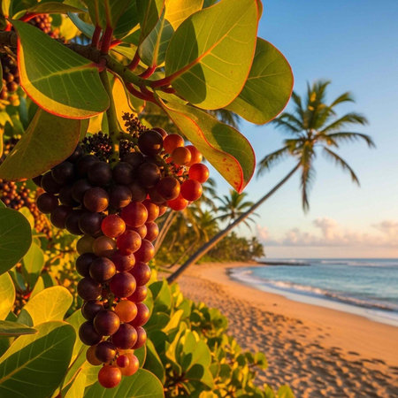 A tropical beach scene with a tree bearing fruit in the foreground and palm trees in the background