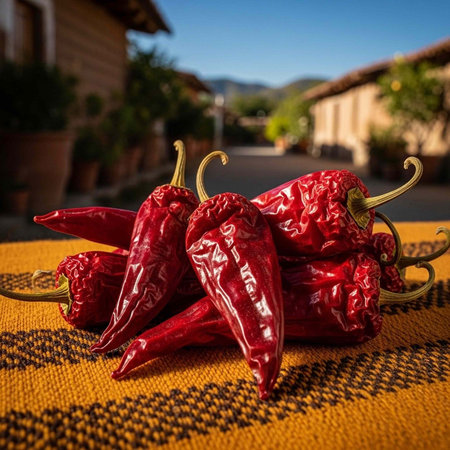 A vibrant display of red chili peppers on a yellow tablecloth in a sunny outdoor setting with a...