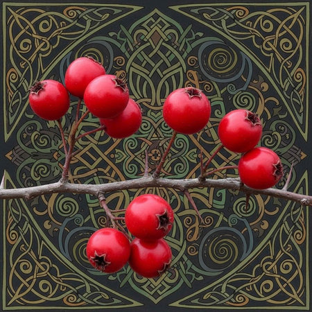 A vibrant branch of red berries against a stunning Celtic-inspired background with intricate designs