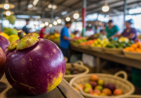 A vibrant purple fruit sits on a wooden table at a bustling outdoor market with people in the...