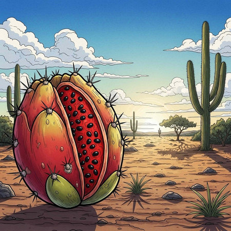 A vibrant cartoon illustration of a prickly pear cactus fruit in a desert landscape with cacti and cloudsの写真素材