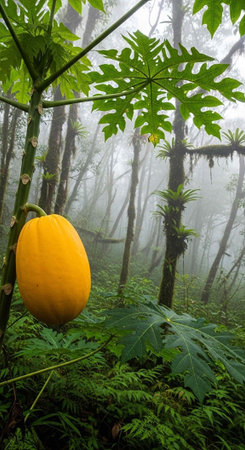 A vibrant yellow papaya grows in a lush, misty forest surrounded by dense green foliage and tall...