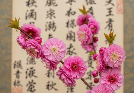 A beautiful branch of pink flowers in front of a traditional Chinese calligraphy artwork with a...