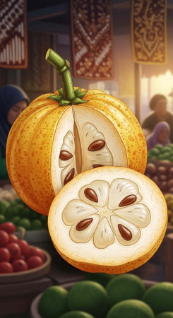 A vibrant yellow fruit cut open to reveal its white interior and brown seeds on display at a...