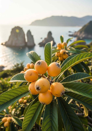 A cluster of loquats grows on a tree overlooking a serene ocean landscape with rocky outcrops.