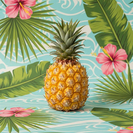 A vibrant pineapple surrounded by lush tropical leaves and colorful hibiscus flowers on a bright...