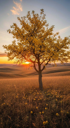 A lone tree stands in a golden field during a serene sunset with a clear blue skyの写真素材