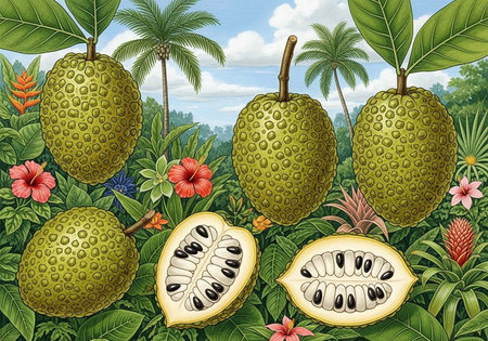 A vibrant illustration of green tropical fruit surrounded by lush foliage and colorful flowers in a...