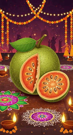 A vibrant and festive illustration of a green fruit surrounded by Diwali decorations and traditional...
