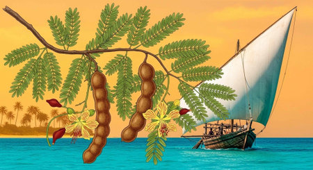 A serene tropical scene with a sailboat near a tree with pods in calm waters at sunset