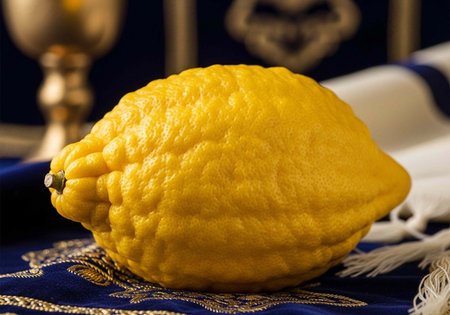 A vibrant yellow etrog fruit sits on a blue and gold embroidered cloth next to a silver goblet