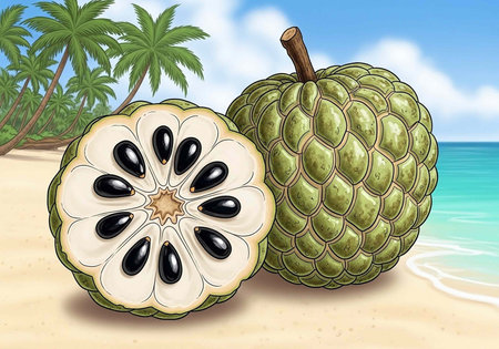 A cartoon illustration of sugar apples on a tropical beach with palm trees and ocean in the...