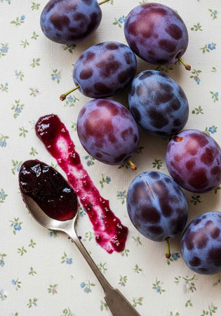 A spoonful of plum jam lies next to fresh purple plums on a floral tablecloth