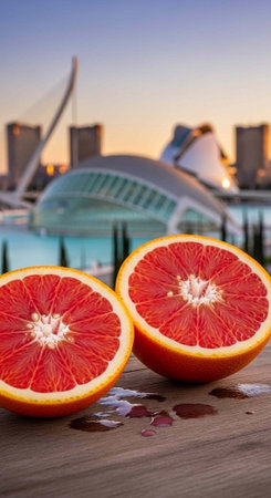 Fresh grapefruits on a wooden table with a modern cityscape and beautiful sky at sunset