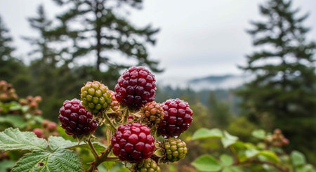 A cluster of ripe and unripe blackberries growing in a lush forest with tall trees in the background