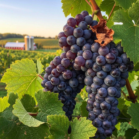 A lush vineyard with ripe purple grapes and green leaves under a clear blue sky at sunset