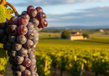 A lush vineyard with a cluster of ripe grapes in the foreground under a serene blue sky
