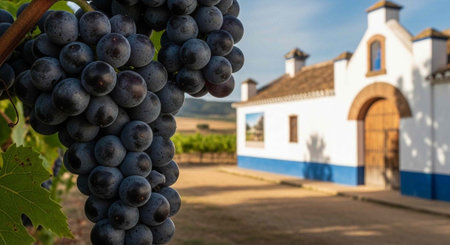 A picturesque vineyard with a white building and a large bunch of purple grapes in the foreground