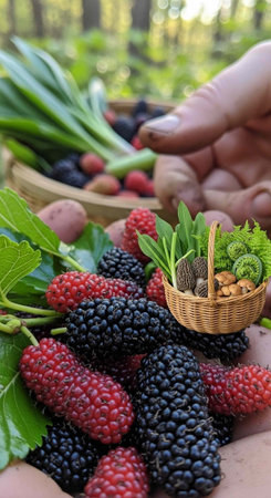 A person holding a selection of fresh berries and herbs in a natural setting with a small wicker basketの写真素材