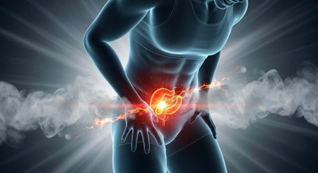 A woman experiencing severe abdominal pain with a glowing red inflammation in her lower abdomen