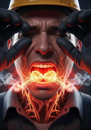 A stressed construction worker experiencing heartburn and discomfort on a building site with a...