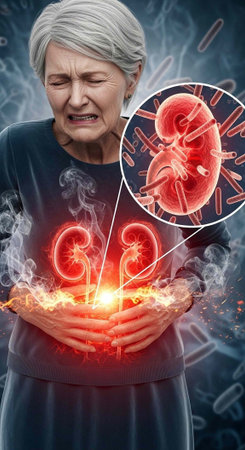 An elderly woman experiencing kidney pain with an illustration of a kidney and bacteria in the...