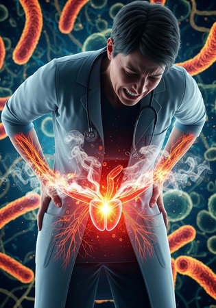 A doctor experiencing stomach pain with a glowing red abdomen and surrounded by bacteria