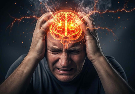 A man experiencing a headache with a glowing brain and lightning bolts