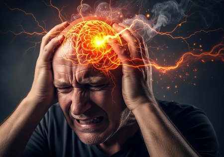 A man experiencing a severe headache with a glowing brain and lightning effects