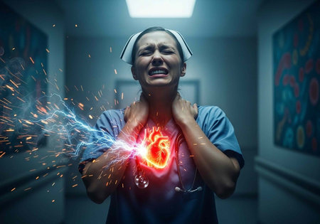 A nurse experiencing a heart attack in a hospital hallway with a glowing red heart