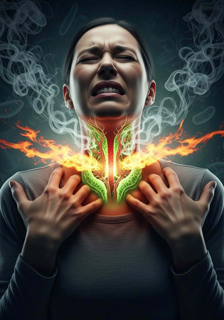 A woman experiencing heartburn and acid reflux with a burning sensation in her chest and throat